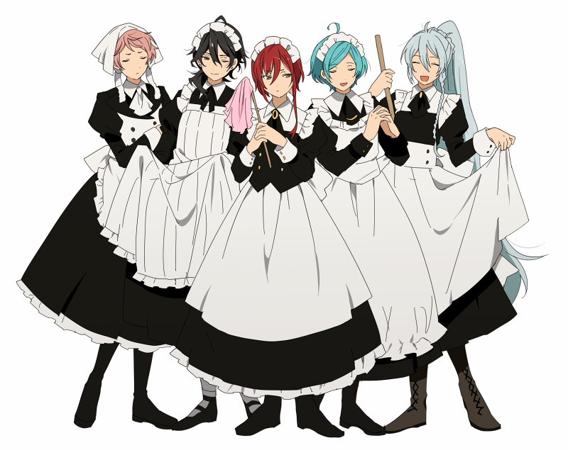 5boys, alternate_costume, apron, crossdressing, dress, enmaided, ensemble_stars!, full_body