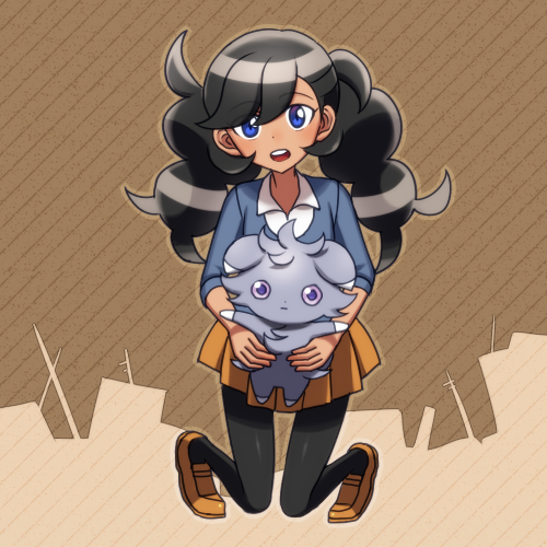 1girl, animal_ears, black_hair, blue_eyes, brown_background, cat_ears, dark-skinned_female, dark_skin, emma_(pokemon), espurr, full_body, grey_fur, holding, holding_pokemon, lowres, open_mouth, orange_footwear, orange_skirt, pantyhose, poke_nk, pokemon, pokemon_(creature), pokemon_xy, skirt