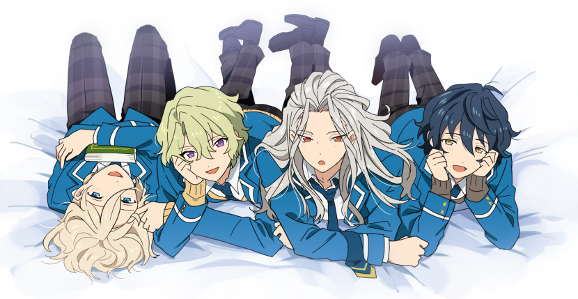 4boys, :d, :o, aoba_tsumugi, blue_neckerchief, book, ensemble_stars!, hair_spread_out, hidakarumen, lying, male_focus, multiple_boys, neckerchief, no_eyewear, on_back, on_stomach, open_mouth, past_fine_(ensemble_stars!), playing_with_another's_hair, ran_nagisa, school_uniform, shoulder-to-shoulder, smile, tenshouin_eichi, the_pose, tomoe_hiyori, yumenosaki_school_uniform