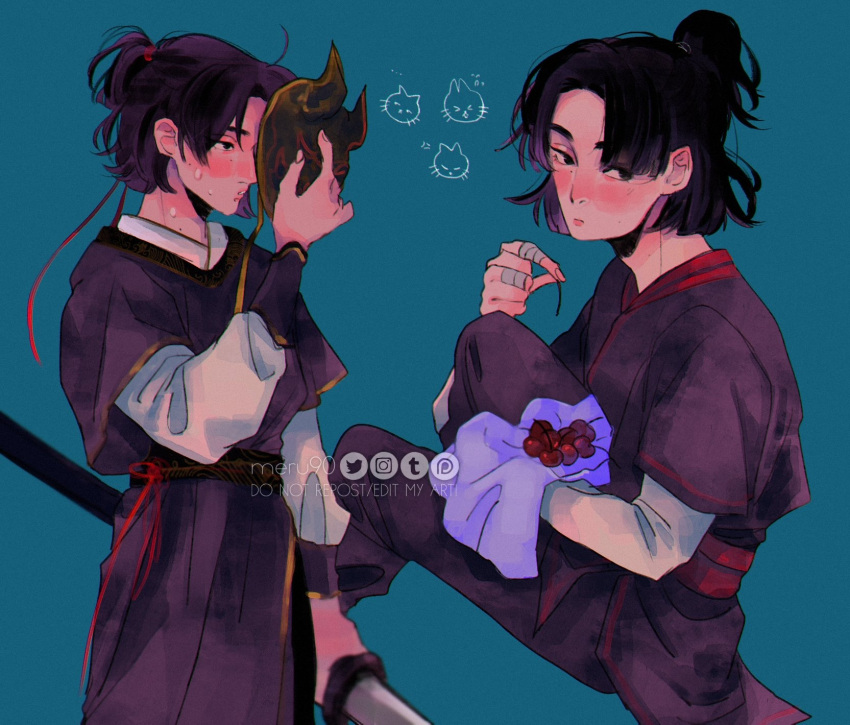 1boy, bandaged_fingers, bandages, black_eyes, black_hair, blue_background, cat, cherry