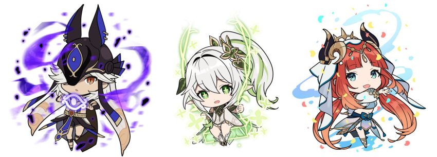 1boy, 2girls, chibi, chibi_only, cyno_(genshin_impact), full_body, genshin_impact, hidakarumen
