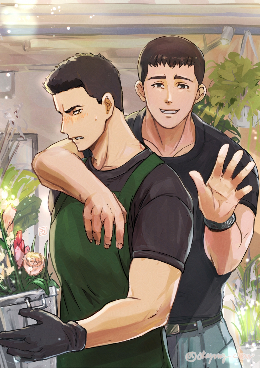 2boys, ao_isami, apron, arm_around_shoulder, black_hair, black_shirt, brown_hair, bucket