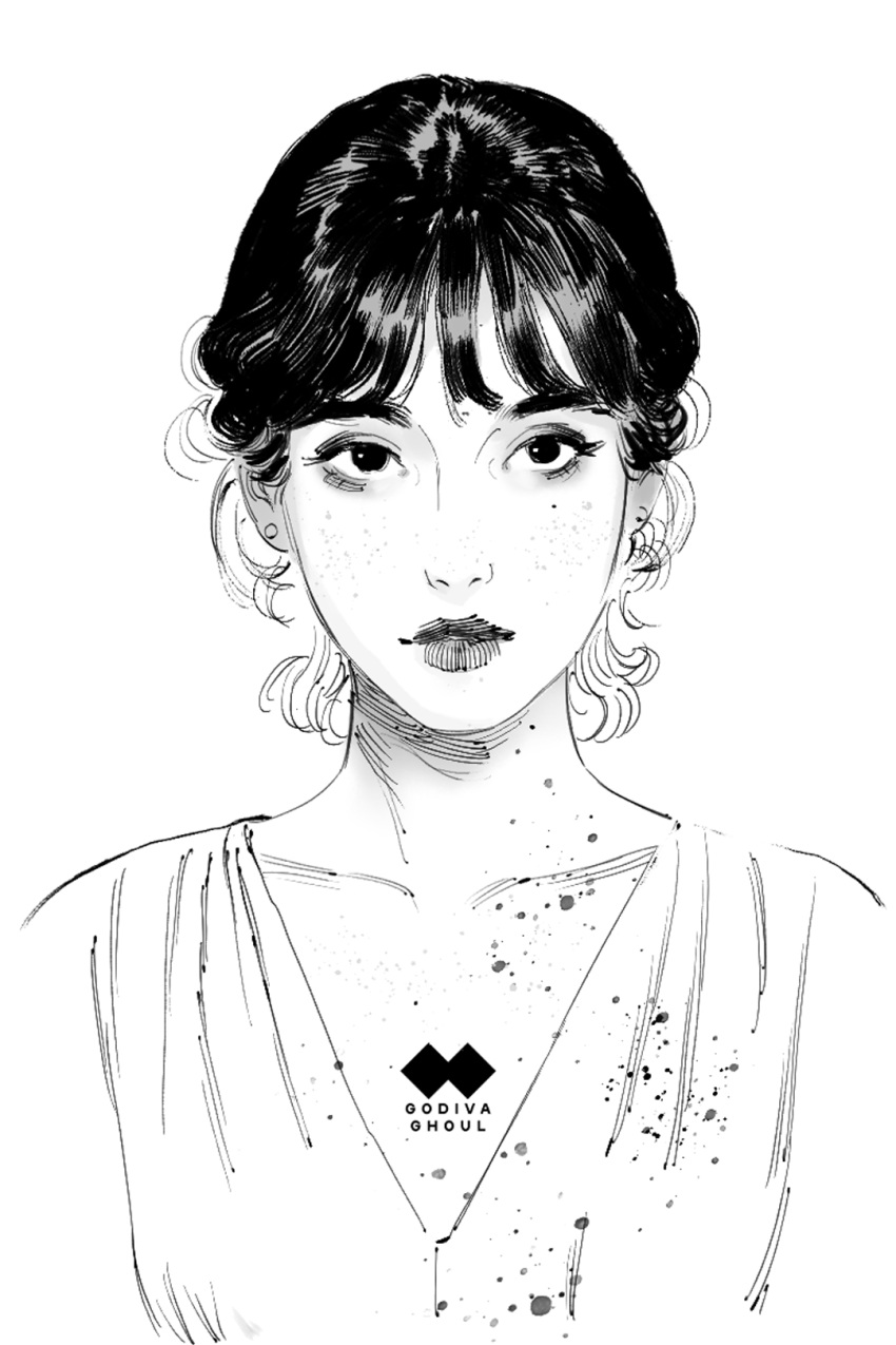 1girl, artist_logo, artist_name, choppy_bangs, closed_mouth, collarbone, dress, earrings