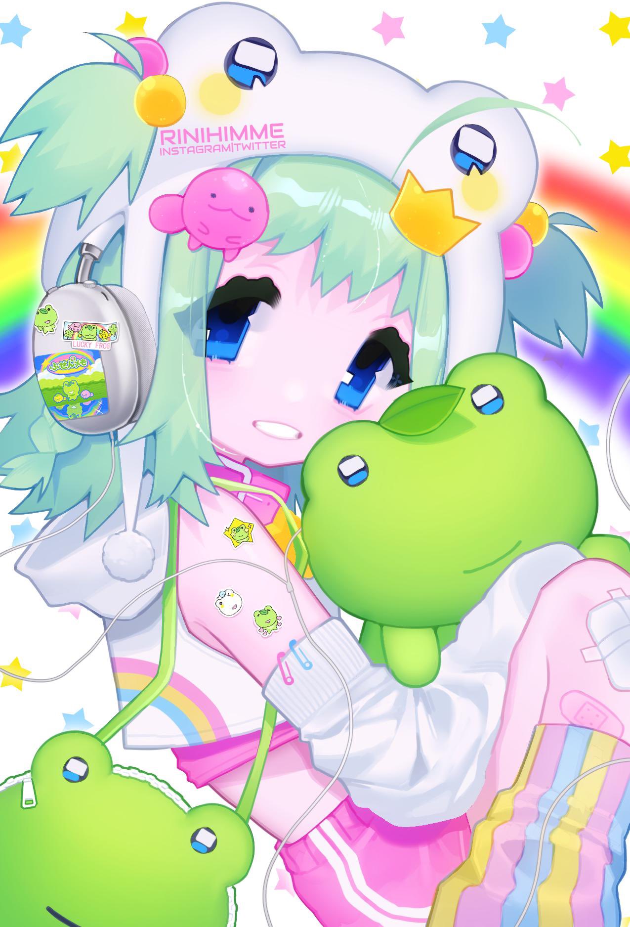 1girl, animal_hat, bag, bandaid, blue_eyes, colorful, crop_top, cyber_fashion, handbag, hat, headphones, heisei_retro, highres, looking_at_viewer, midriff, original, rinihimme, safety_pin, shorts, sitting, solo, sticker, stuffed_animal, stuffed_frog, stuffed_toy, white_arm_warmers, white_background, y2k_(fashion)