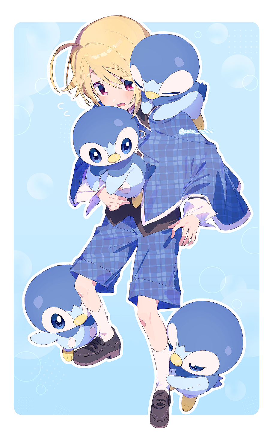 1boy, ahoge, ankle_socks, bird, black_footwear, black_shirt, blonde_hair, blue_background