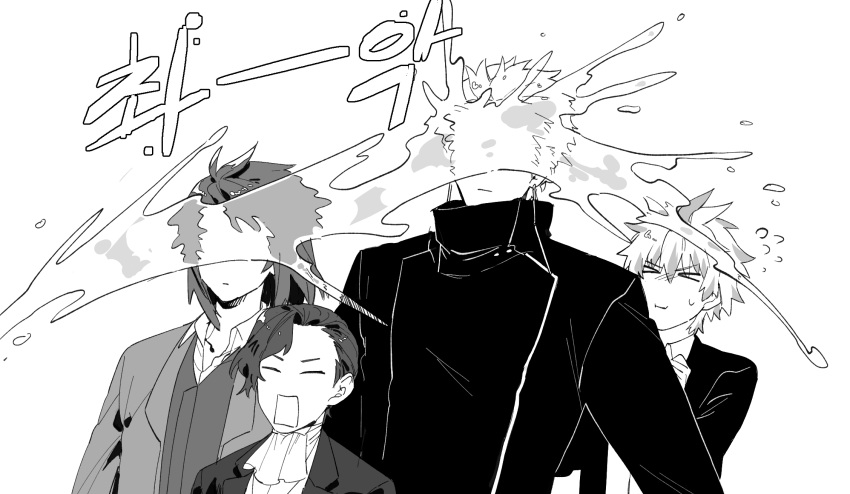 >_<, 4boys, :i, ascot, asymmetrical_bangs, closed_eyes, closed_mouth, collared_shirt, commentary_request, earrings, flying_sweatdrops, greyscale, harada_mutei, highres, hunyangzi, jacket, jewelry, korean_commentary, korean_text, long_sleeves, male_focus, medium_hair, monochrome, multiple_boys, no_nose, open_clothes, open_collar, open_jacket, open_mouth, rectangular_mouth, rumeld_othmayer, saibou_shinkyoku, shirt, short_hair, simple_background, splashing, sweat, theodore_riddle, translation_request, utsugi_rangiri, vest, water, white_background