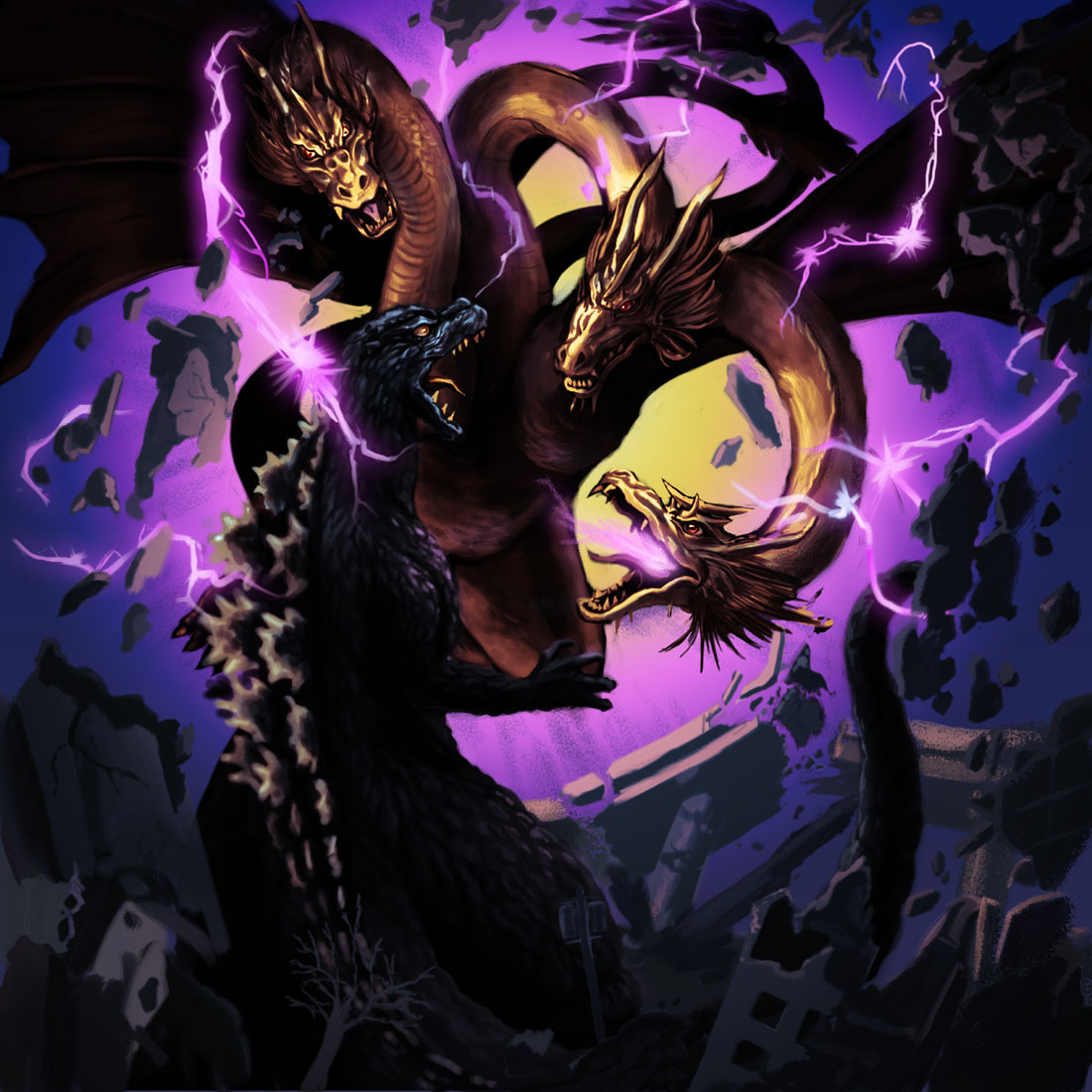 city, collateral_damage, electricity, epic, godzilla, godzilla_(series), kaijuu, king_ghidorah