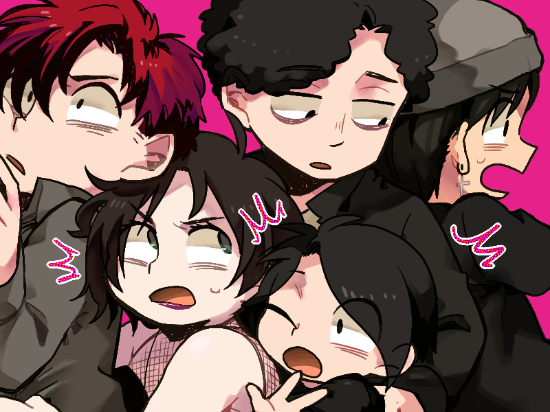 1girl, 4boys, black_eyes, black_hair, black_jacket, cross, cross_earrings, earrings