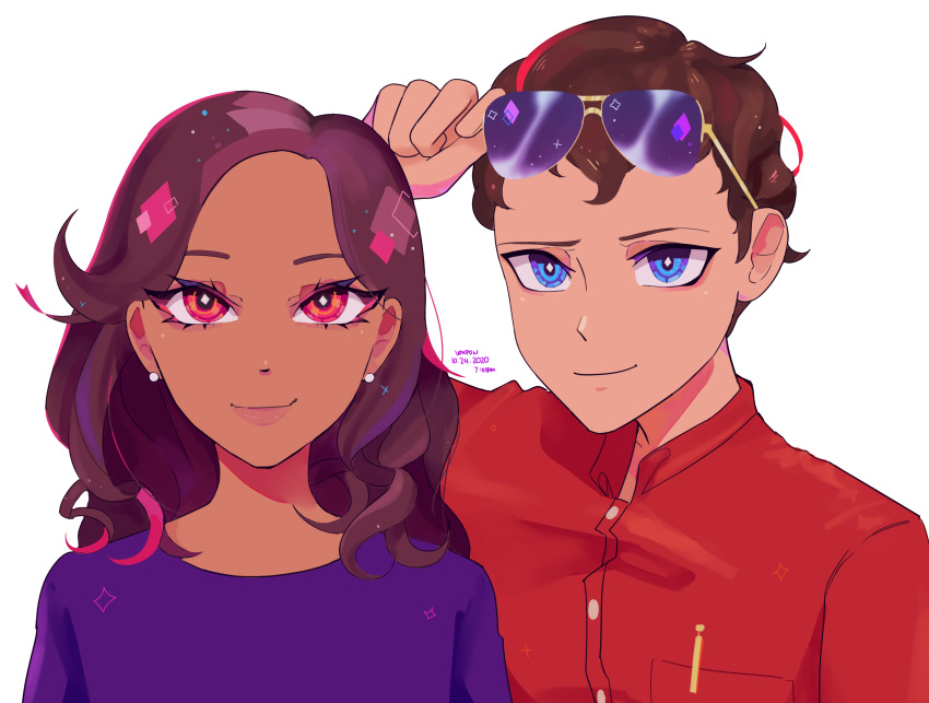 1boy, 1girl, aged_down, brown_hair, closed_mouth, dark-skinned_female, dark_skin, dress