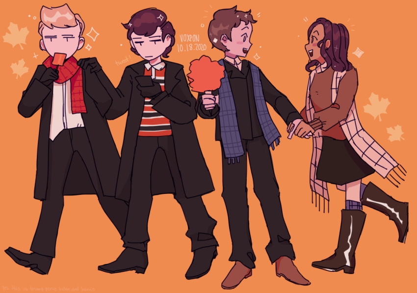 1girl, 3boys, aged_down, artist_name, autumn, autumn_leaves, black_coat, black_footwear