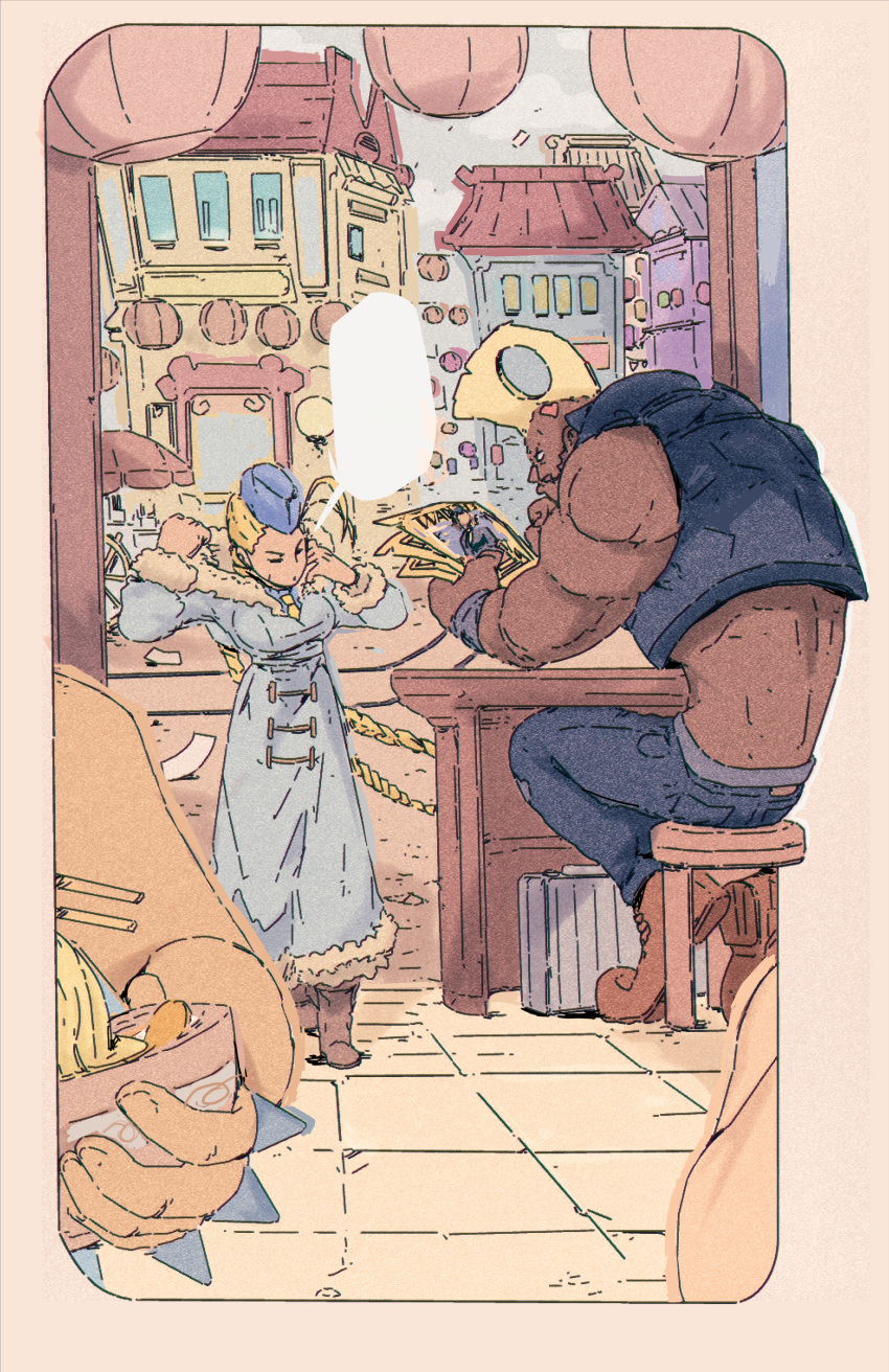 1boy, 1girl, absurdres, birdie_(street_fighter), black_vest, blank_speech_bubble, blonde_hair, blue_coat, blue_hat, brown_footwear, cammy_white, chopsticks, coat, dark-skinned_male, dark_skin, food, fur_coat, hat, highres, lantern, long_hair, michel_teru, mohawk, muscular, muscular_male, noodles, ramen, sitting, speech_bubble, street_fighter, suitcase, very_long_hair, vest, wanted, wristband