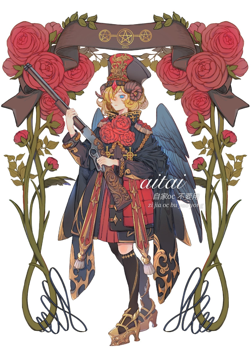 1girl, aitai918, angel_wings, asymmetrical_legwear, banner, black_cloak, black_pantyhose, black_shirt, black_socks, black_wings, blonde_hair, blue_eyes, bud, chinese_commentary, cloak, closed_mouth, commentary, commission, english_commentary, expressionless, feathered_wings, flower, flower_brooch, full_body, goat_horns, gold_footwear, grey_hat, gun, hair_over_one_eye, hat, high_heels, highres, holding, holding_gun, holding_weapon, horns, kneehighs, long_sleeves, looking_ahead, medium_skirt, mixed-language_commentary, original, pantyhose, pentagram, plant, pleated_skirt, red_flower, red_hat, red_rose, red_skirt, rose, sample_watermark, shako_cap, shirt, short_hair, shotgun, single_kneehigh, single_leg_pantyhose, single_sock, skirt, socks, solo, two-tone_headwear, vines, watermark, weapon, white_background, wings