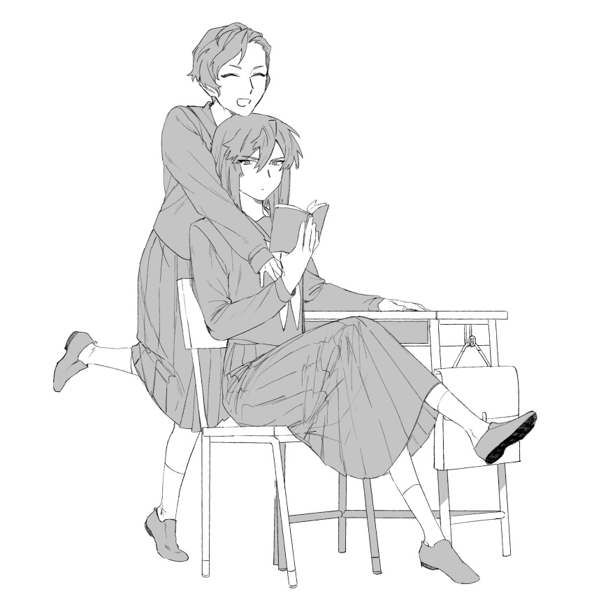 2boys, book, closed_eyes, closed_mouth, commentary_request, crossdressing, expressionless, greyscale