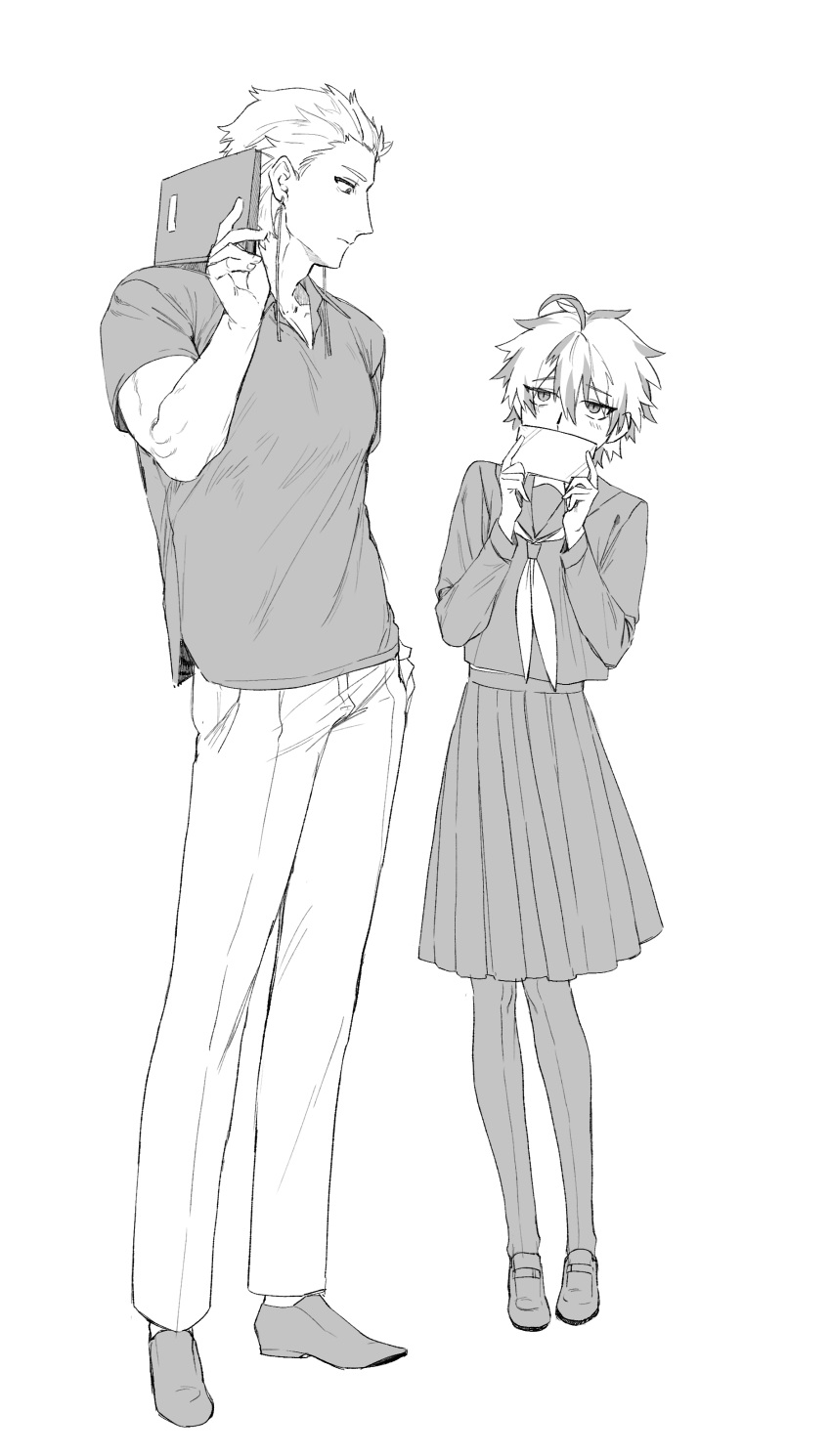 2boys, absurdres, ahoge, alternate_costume, book, closed_mouth, collared_shirt, commentary_request