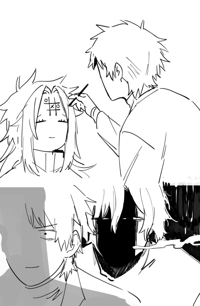 3boys, atou_haruki, closed_eyes, closed_mouth, commentary_request, constricted_pupils, forehead_writing, greyscale
