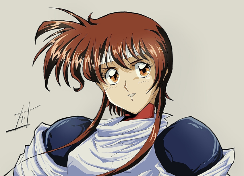 1990s_(style), 1girl, bandana, brown_hair, commentary_request, floating_hair, highres, long_sidelocks