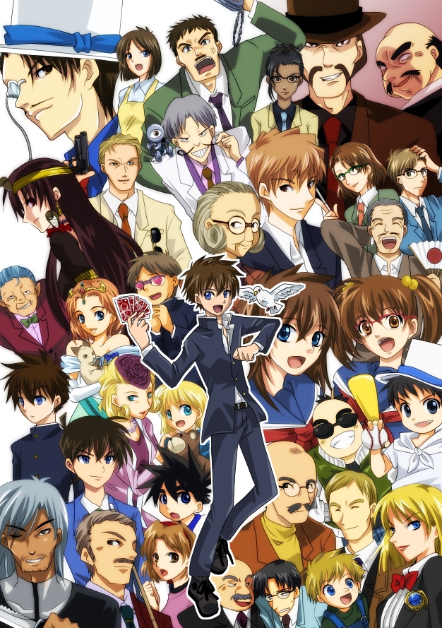 6+boys, 6+girls, anger_vein, animal, aso_keiji, balding, baseball, bird, blonde_hair, blue_eyes, brown_hair, card, cat, character_request, cobra_(animal), commentary_request, dark-skinned_female, dark-skinned_male, dark_skin, delon_(magic_kaito), dove, everyone, facial_hair, father_and_daughter, father_and_son, fujie_(magic_kaito), furuhata_megumi, glasses, grey_hair, grin, hakuba_saguru, hasura_tsuujirou, hat, heart, heart-shaped_eyes, hiyoko02, holding, holding_animal, holding_card, holding_cat, jack_connery, jii_kounosuke, jody_hopper, kaitou_kid, kenta_connery, koizumi_akako, konno_erika_(magic_kaito), kudou_shin'ichi, kuroba_chikage, kuroba_kaito, kuroba_touichi, kurogane_yaiba, leg_up, long_hair, looking_at_viewer, magic_kaito, meitantei_conan, momoi_keiko_(magic_kaito), monocle_chain, mother_and_son, multiple_boys, multiple_girls, mustache, nakamori_aoko, nakamori_ginzo, opaque_monocle, open_mouth, overalls, philip_m_ingram, playing_card, princess_anne, ruby_jones, school_uniform, selizabeth_m_ingram, shikibe_kashiko, short_hair, silver_(magic_kaito), smile, snake_(magic_kaito), stuffed_animal, stuffed_toy, teddy_bear, teeth, top_hat, twintails, uemoto_(magic_kaito), very_short_hair, yaiba