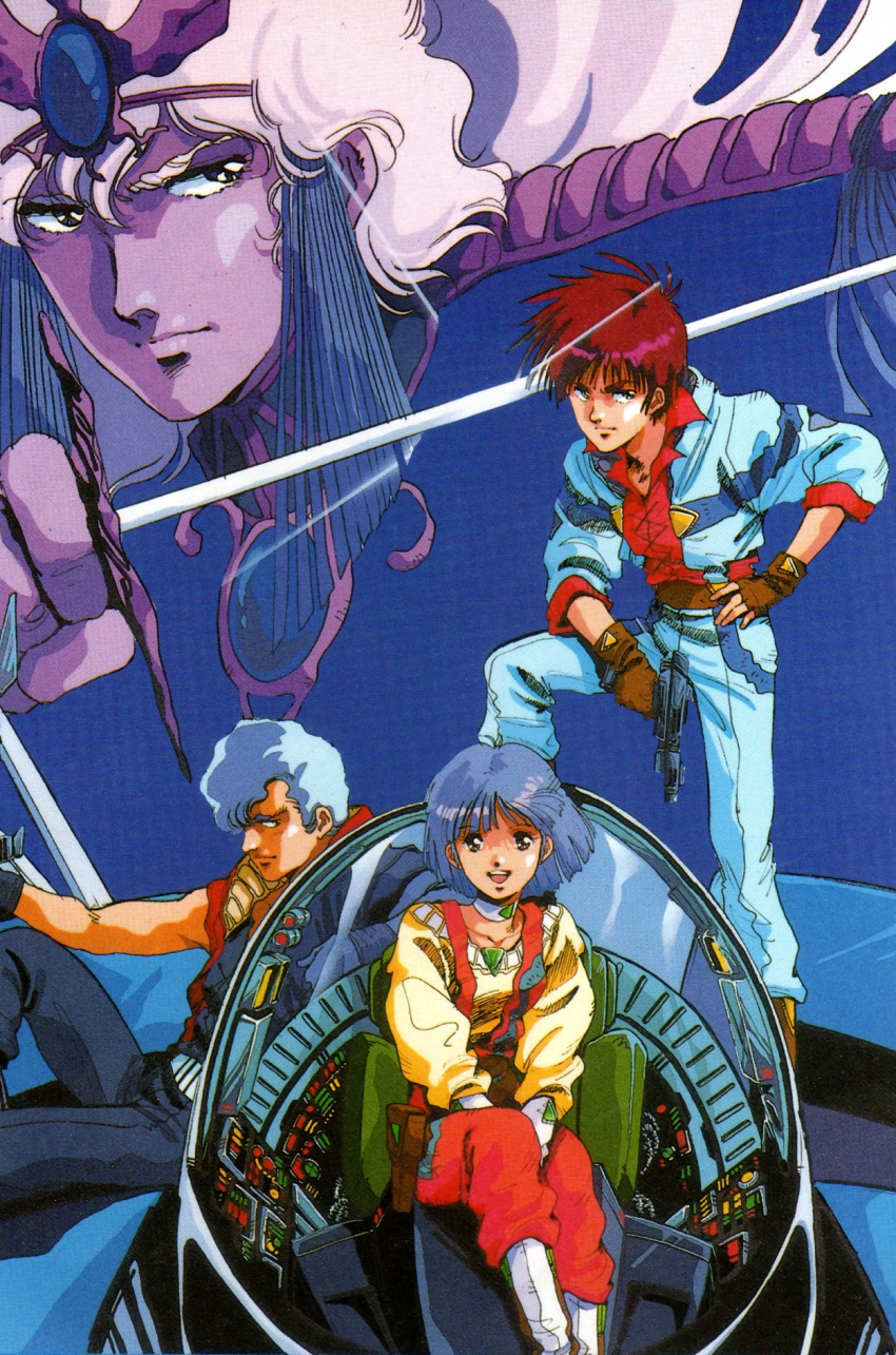 1980s_(style), 1990s_(style), 1girl, 3boys, blue_hair, brown_hair, character_request, cockpit