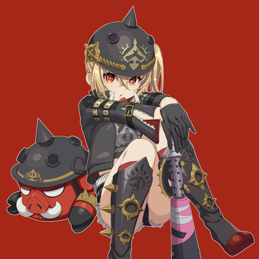 1girl, absurdres, baseball_bat, blonde_hair, boots, fur-trimmed_shorts, fur_trim, gloves