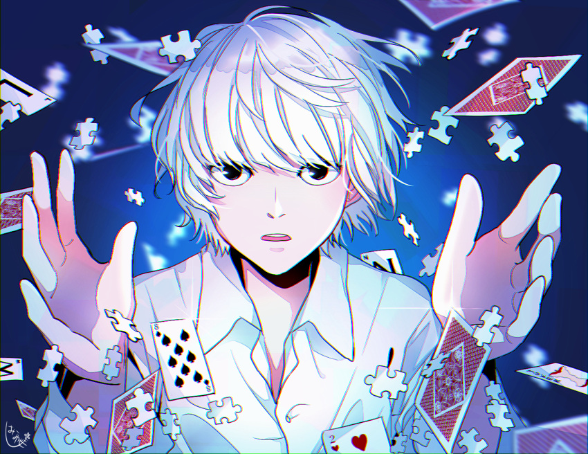 1boy, amanoiyo_14, black_eyes, blue_background, blurry, blurry_background, card, collared_shirt