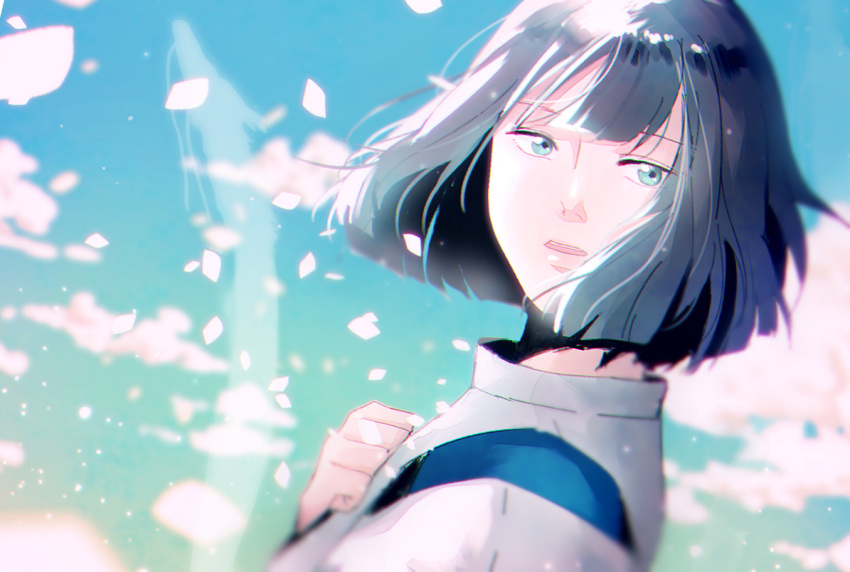 1boy, amanoiyo_14, bishounen, black_hair, blue_sky, bob_cut, clouds, commentary