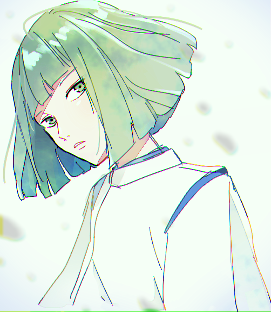 1boy, amanoiyo_14, bishounen, blunt_bangs, bob_cut, commentary, green_eyes, green_hair