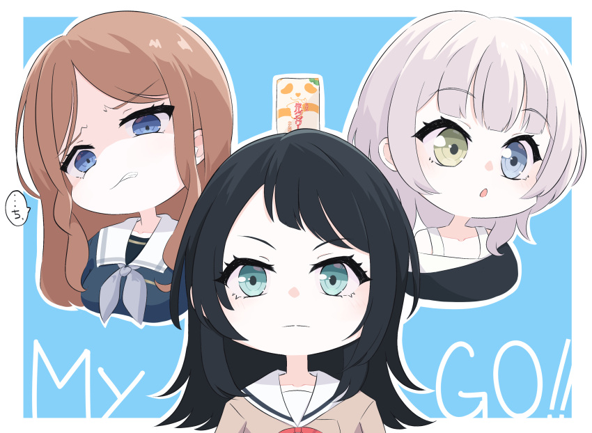 3girls, aqua_eyes, bang_dream!, bang_dream!_it's_mygo!!!!!, black_hair, black_shirt, blue_background, blue_eyes