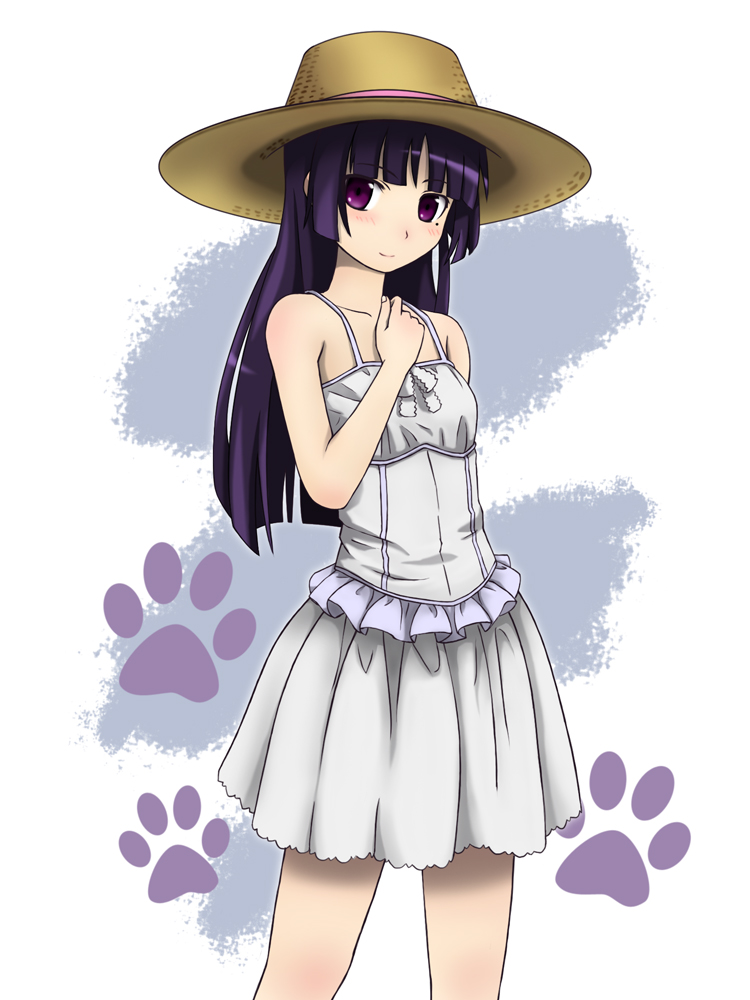 black_hair, blush, cat_tail, dress, gokou_ruri, hand_on_own_chest, hand_to_chest, hat