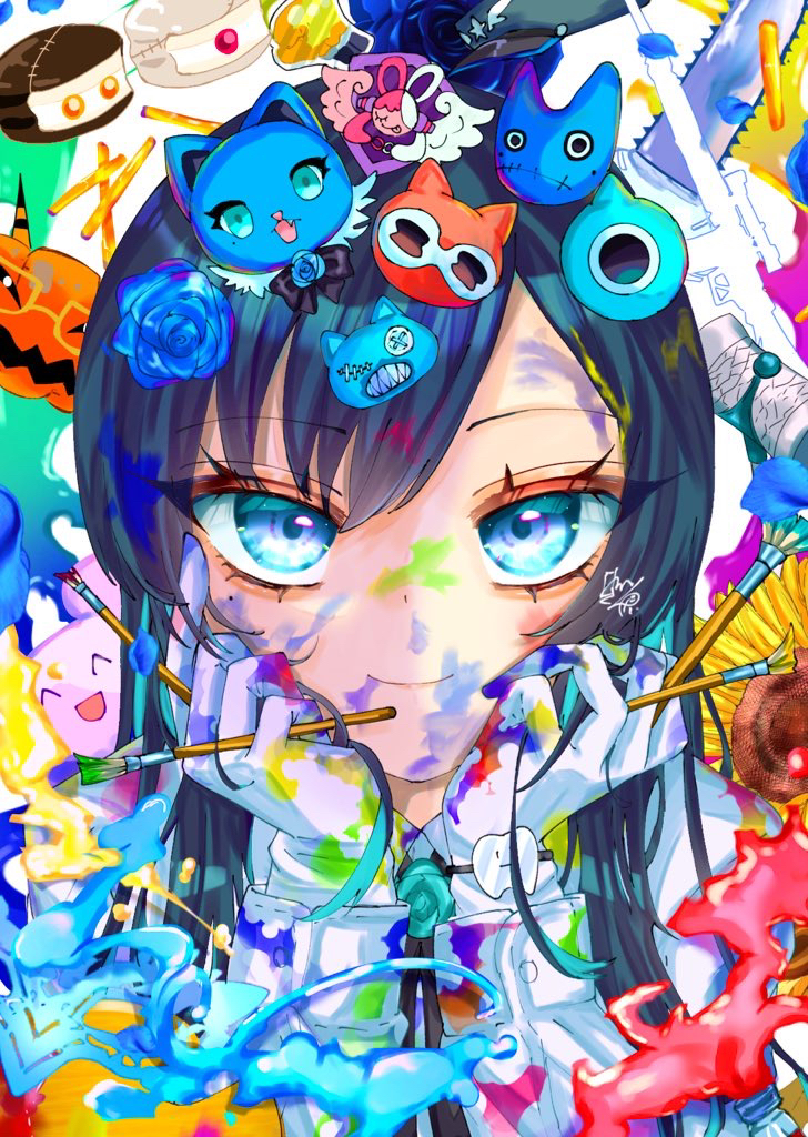 1girl, ado_(utaite), adorozatorumary, blue_eyes, blue_flower, blue_hair, blue_rose, bracelet