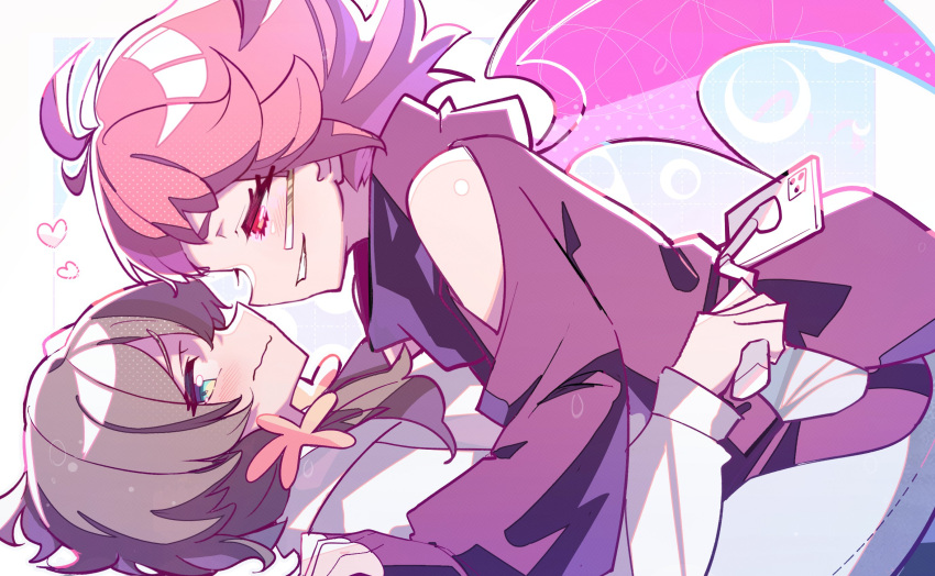 2girls, antenna_hair, bat_wings, black_hair, blush, clothing_cutout, crescent, flower, girl_on_top, green_eyes, grin, hair_flower, hair_ornament, hashtag-only_commentary, heart, highres, holding, holding_stick, hood, hoodie, live_(mayonaka_punch), looking_at_another, looking_to_the_side, low_twintails, lying, masaki_(mayonaka_punch), mayonaka_punch, multiple_girls, on_back, red_eyes, redhead, selfie_stick, short_hair, shoulder_cutout, smile, spiky_hair, stick, twintails, vampire, wavy_mouth, wings, yuri, zhanzhangzlw