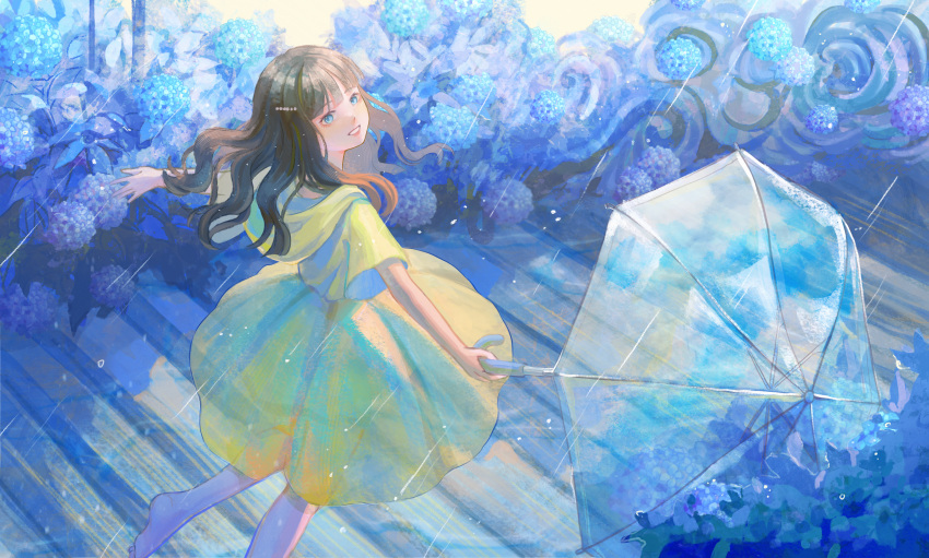 1girl, absurdres, barefoot, black_hair, blue_eyes, blunt_bangs, dress, flower
