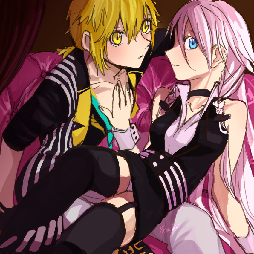 1boy, 1girl, conqueror_(cevio), highres, holy_lancer_(module), ia_(vocaloid), kagamine_len, meme_rawness