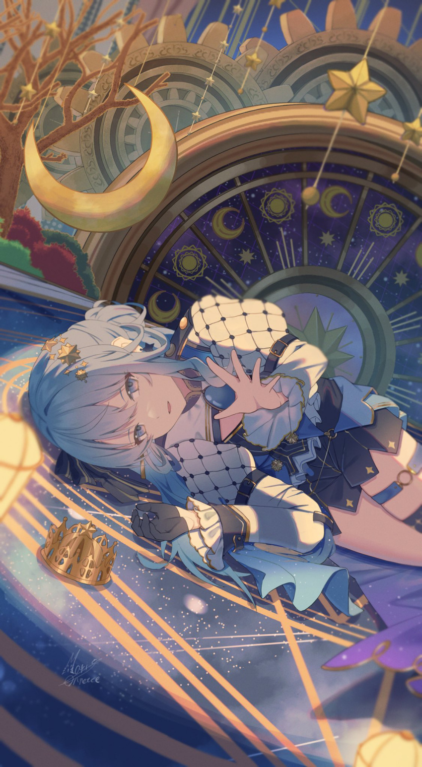 1girl, black_gloves, blue_eyes, blue_hair, clockwork, crown, gears, gloves