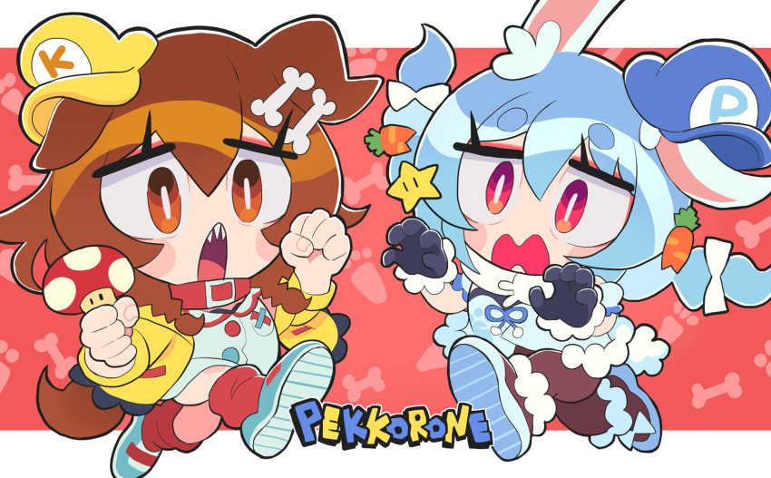 2girls, animal_ears, blue_eyes, brown_hair, carrot_hair_ornament, clothes_writing, food-themed_hair_ornament, gashi-gashi