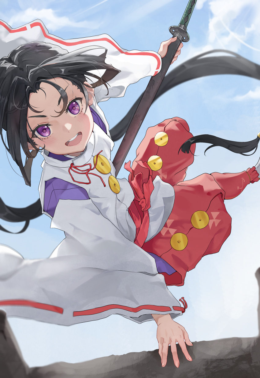 1boy, absurdres, black_hair, blue_sky, clouds, commentary_request, highres, holding