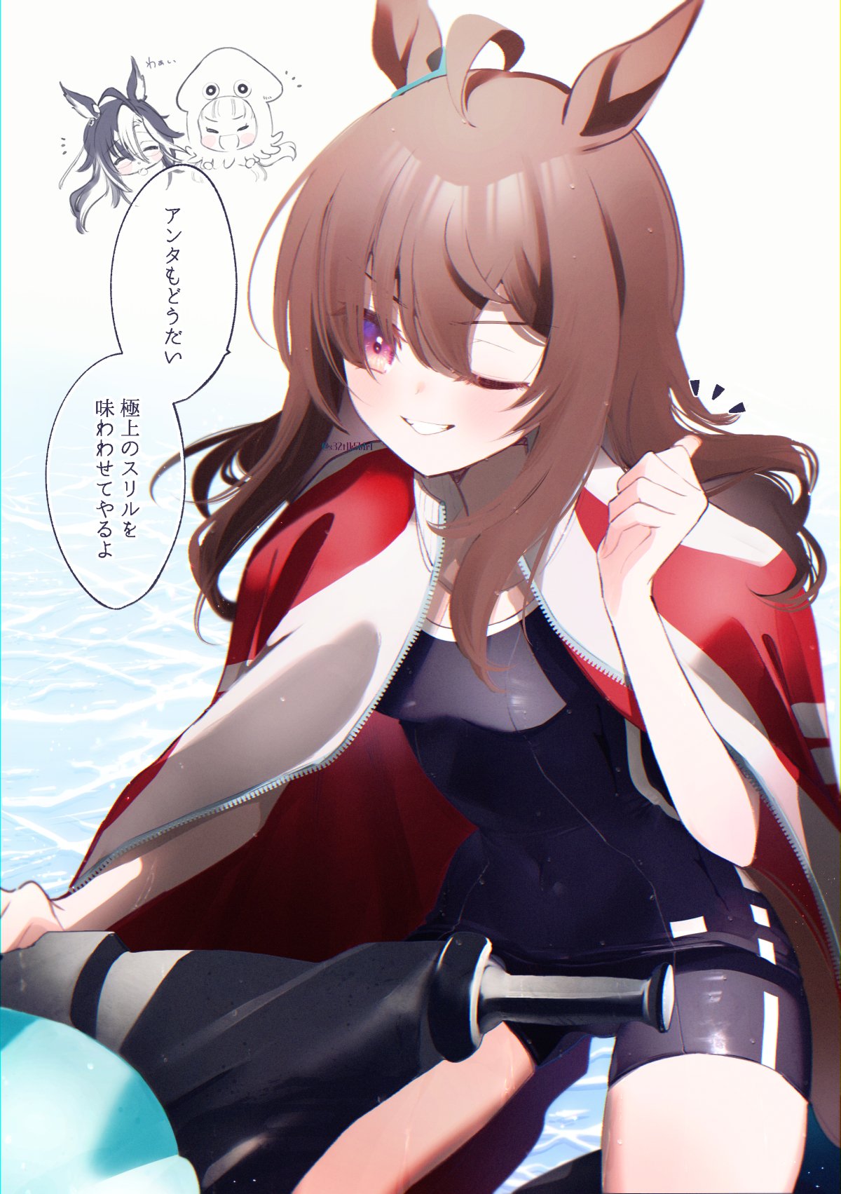 1girl, ahoge, animal_ears, blue_one-piece_swimsuit, brown_hair, closed_eyes, closed_mouth, collarbone