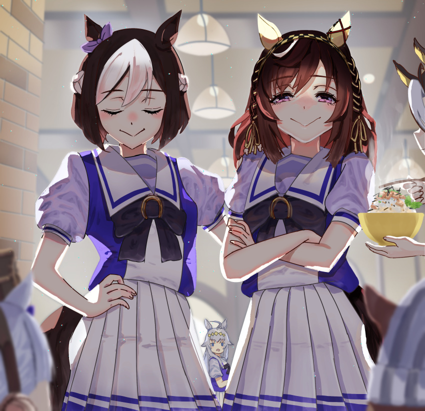 6+girls, :>, absurdres, animal_ears, beanie, blurry, blurry_foreground, bow