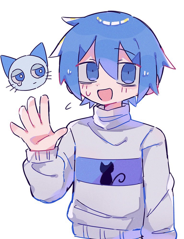 1boy, 2023, blue_eyes, blue_hair, cat, koga_keisuke, looking_at_viewer, male_focus
