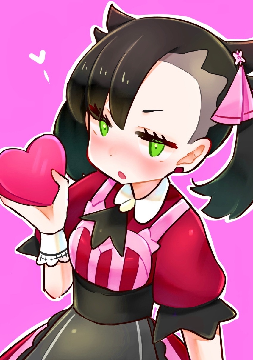 1girl, absurdres, alternate_eye_color, apron, asymmetrical_bangs, black_apron, black_hair, blush, box, green_eyes, heart-shaped_box, highres, looking_at_viewer, marnie_(palentine's_2022)_(pokemon), marnie_(pokemon), meta-g_(curc8737), official_alternate_costume, outline, pink_background, pokemon, pokemon_masters_ex, simple_background, solo, twintails, waist_apron, white_outline