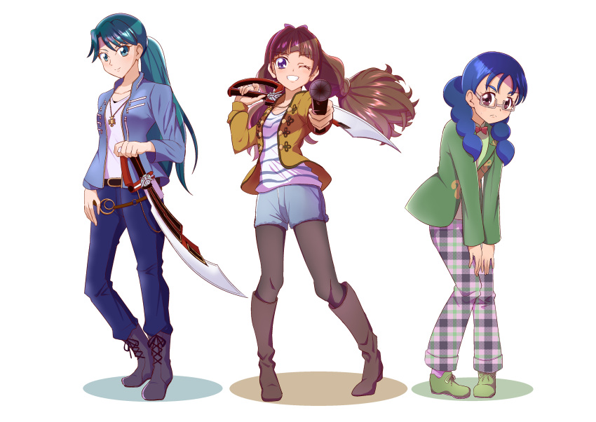3girls, absurdres, aiming, aiming_at_viewer, amanogawa_kirara, belt, black_footwear, black_pantyhose, blazer, blue_eyes, blue_hair, blue_jacket, blue_pants, blue_shorts, boots, bow, bow_hairband, bowtie, braid, brown_eyes, brown_footwear, brown_hair, brown_jacket, buttons, closed_mouth, coat, collarbone, color_connection, cosplay, crossover, cutlass, denim, denim_shorts, don_dogoier, don_dogoier_(cosplay), frown, full_body, glasses, go!_princess_precure, green_coat, green_footwear, green_shirt, grey-framed_eyewear, grin, gun, hairband, highres, holding, holding_gun, holding_sword, holding_weapon, jacket, jeans, jewelry, joe_gibken, joe_gibken_(cosplay), kaidou_minami, kaizoku_sentai_gokaiger, knee_boots, kneeling, long_hair, low_twintails, luka_millfy, luka_millfy_(cosplay), multiple_girls, nanase_yui, necklace, one_eye_closed, open_clothes, open_jacket, pants, pantyhose, pantyhose_under_shorts, parted_lips, plaid_clothes, plaid_pants, ponytail, precure, purple_hairband, red_bow, red_bowtie, semi-rimless_eyewear, shirt, shorts, smile, standing, striped_clothes, striped_shirt, super_sentai, sword, tirofinire, tokusatsu, twintails, uniform, violet_eyes, weapon, white_shirt