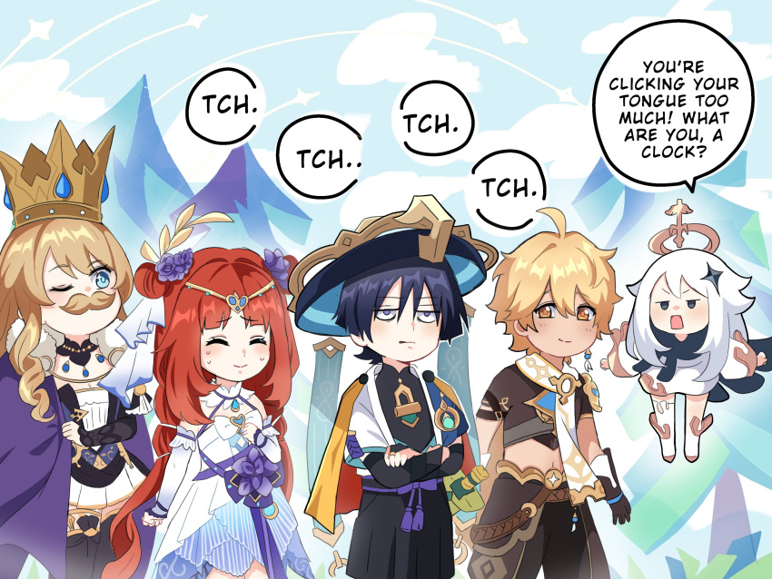 2boys, 3girls, aether_(genshin_impact), black_hair, black_shirt, black_shorts, blonde_hair, blue_eyes