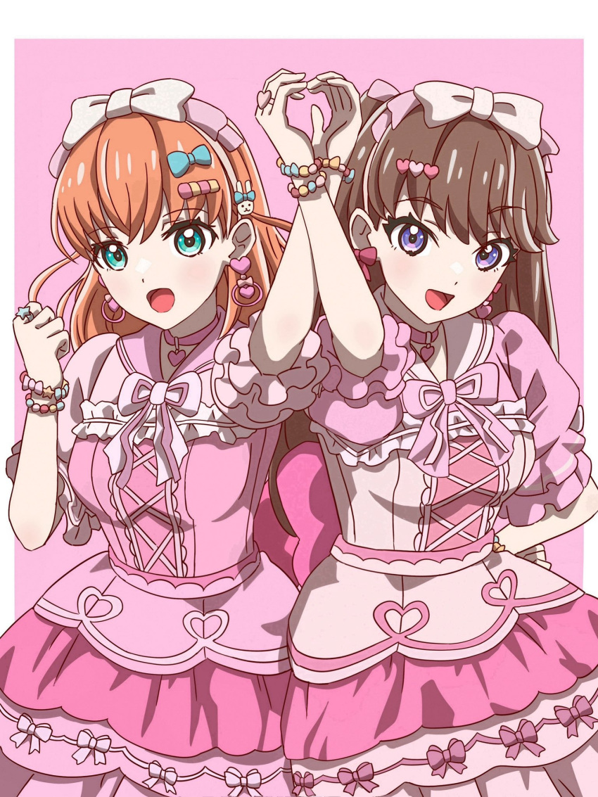 2girls, :d, aqua_eyes, arm_up, back_bow, bead_bracelet, beads, blue_bow