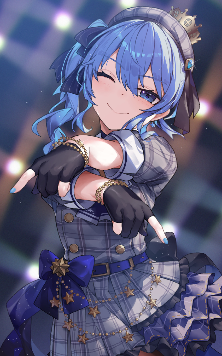1girl, absurdres, belt, beret, bibideba_(hololive), blue_eyes, blue_hair, blue_nails