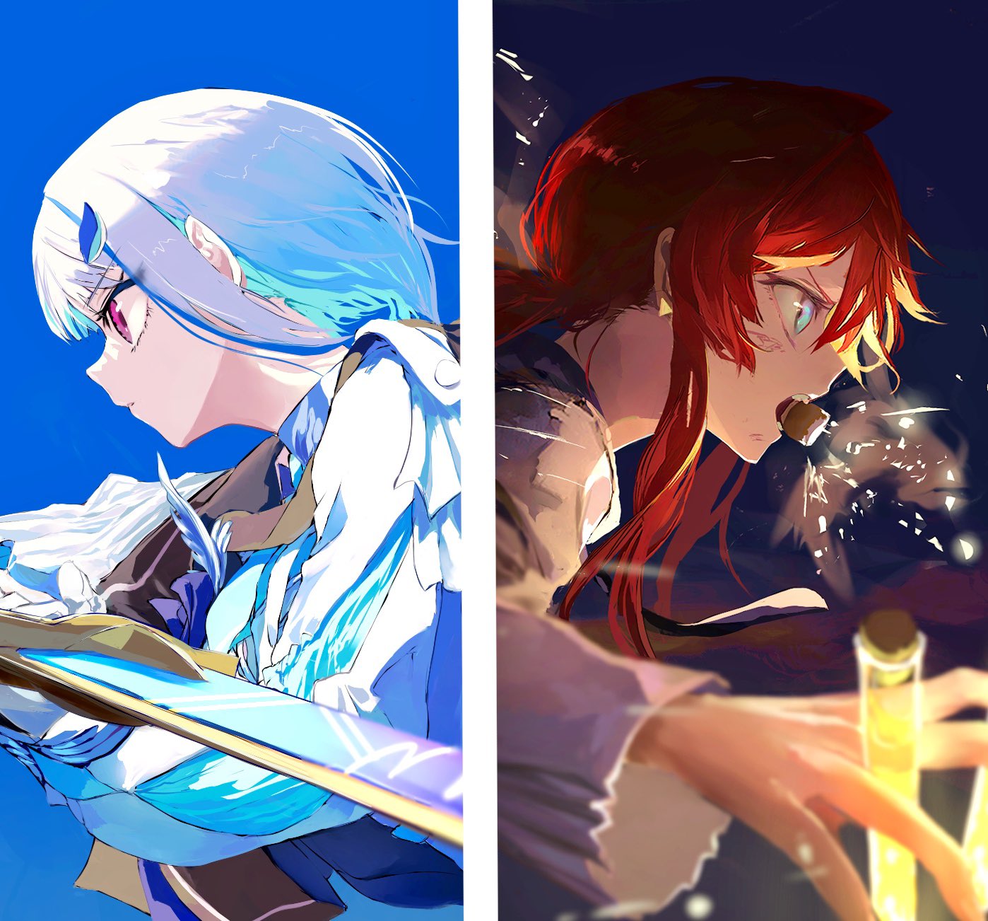2girls, ange_katrina, blue_eyes, blue_hair, colored_inner_hair, djyui, grey_hair, hair_between_eyes