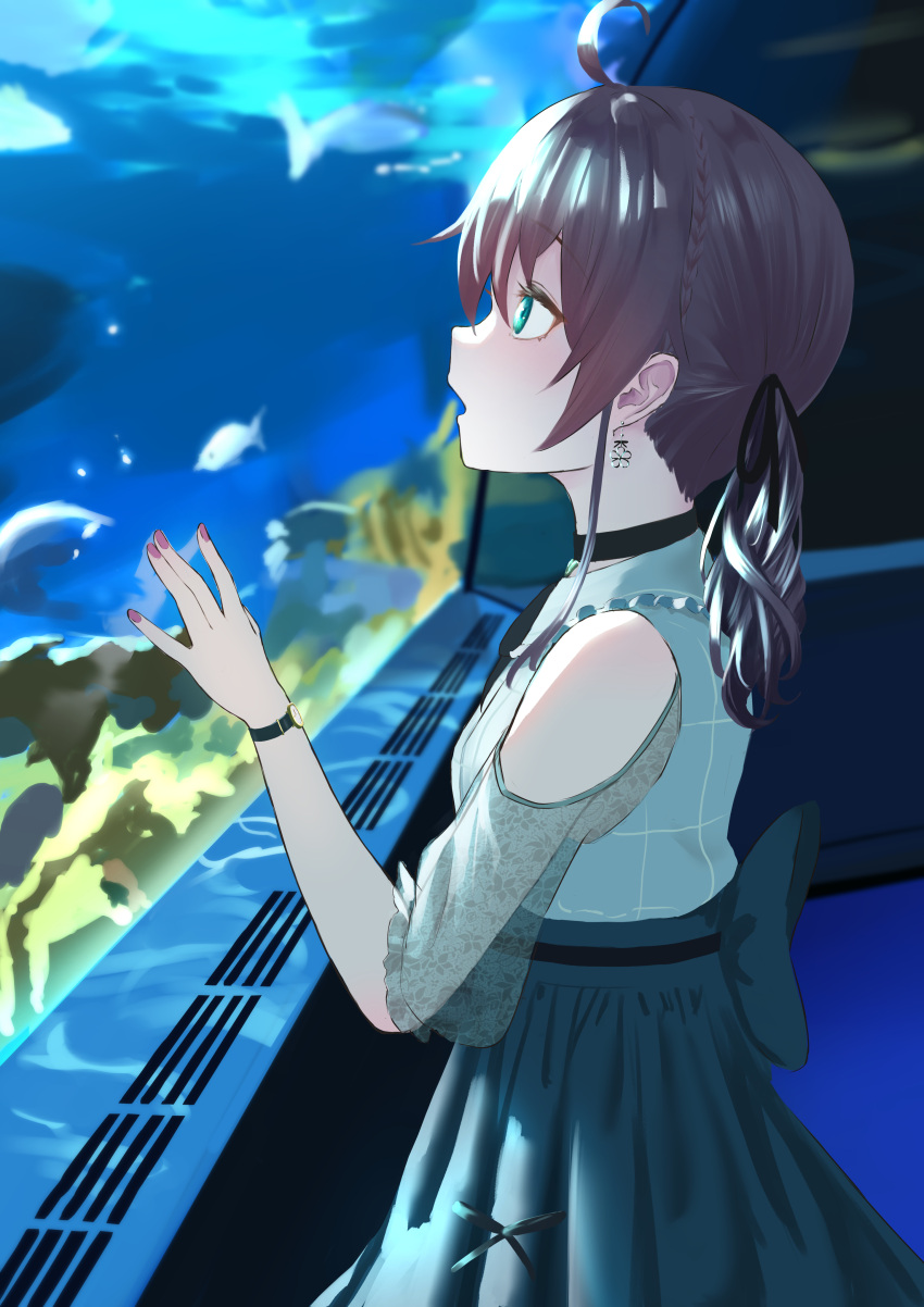 1girl, absurdres, ahoge, animal, bare_shoulders, black_choker, brown_hair, choker