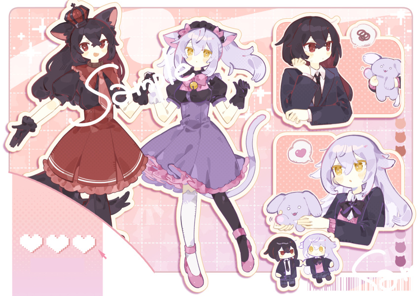 2girls, animal_ears, asymmetrical_legwear, bell, black_bow, black_bowtie, black_gloves, black_hair