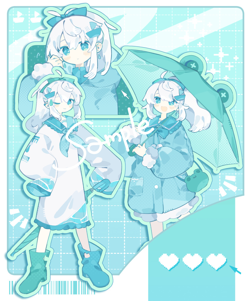1girl, animal-themed_umbrella, ankle_boots, aqua_bow, aqua_coat, aqua_eyes, aqua_footwear, aqua_sailor_collar
