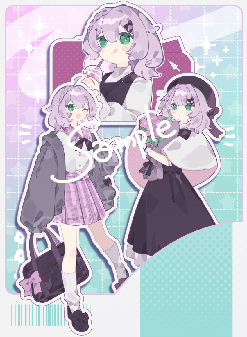1girl, ahoge, bag, black_bow, black_bowtie, bow, bowtie, brown_footwear