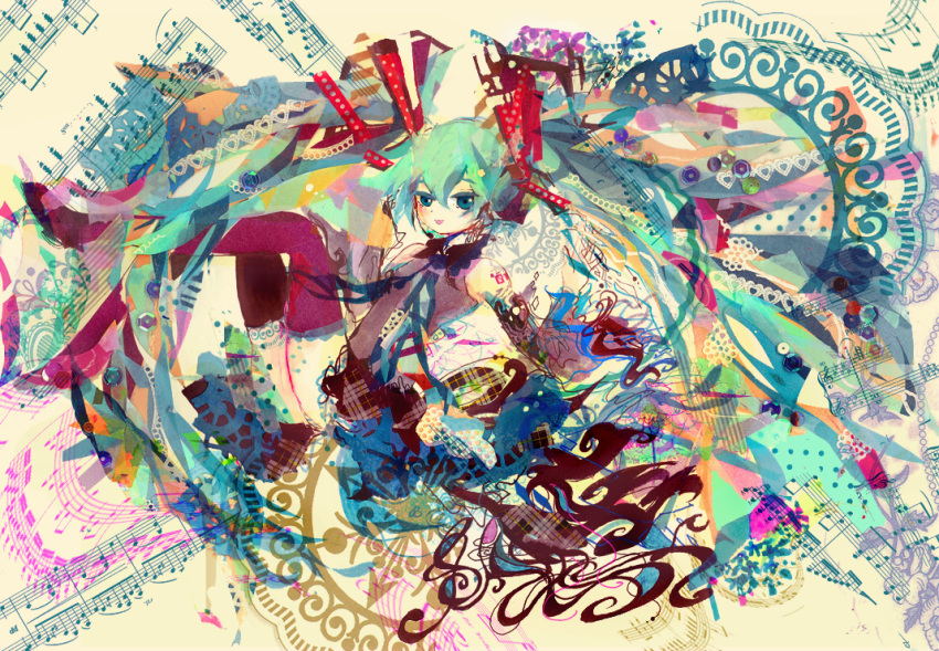 aqua_eyes, aqua_hair, chikuwa_emil, collage, colorful, hair_ribbon, hatsune_miku, long_hair