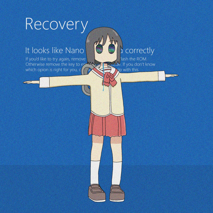 1girl, 2024_crowdstrike_incident, black_hair, blue_screen_of_death, brown_footwear, commentary, empty_eyes, english_commentary, english_text, full_body, highres, jacket, jerrifrr, loafers, microsoft_windows, neckerchief, nichijou, red_neckerchief, red_skirt, robot_girl, sailor_collar, saliva, saliva_trail, school_uniform, shinonome_nano, shoes, short_hair, skirt, socks, solo, standing, t-pose, tokisadame_school_uniform, white_sailor_collar, white_socks, winding_key, yellow_jacket